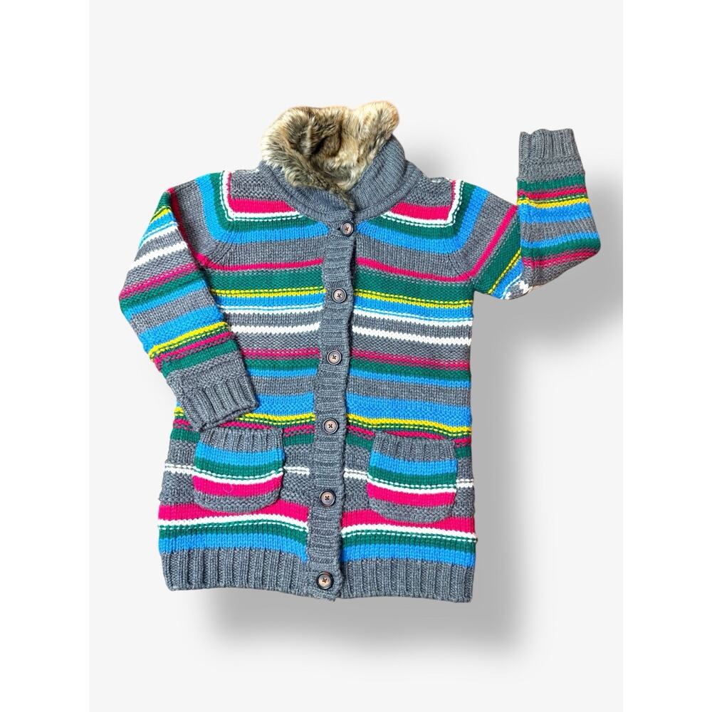 NEW Hanna Andersson Girls Sweater Jacket Size 8 Striped Duster Faux Fur‎ Trim